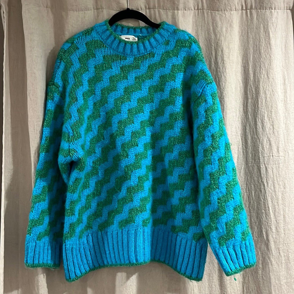 Mango MNG • bright blue green oversized striped knit sweater - Picture 4 of 11